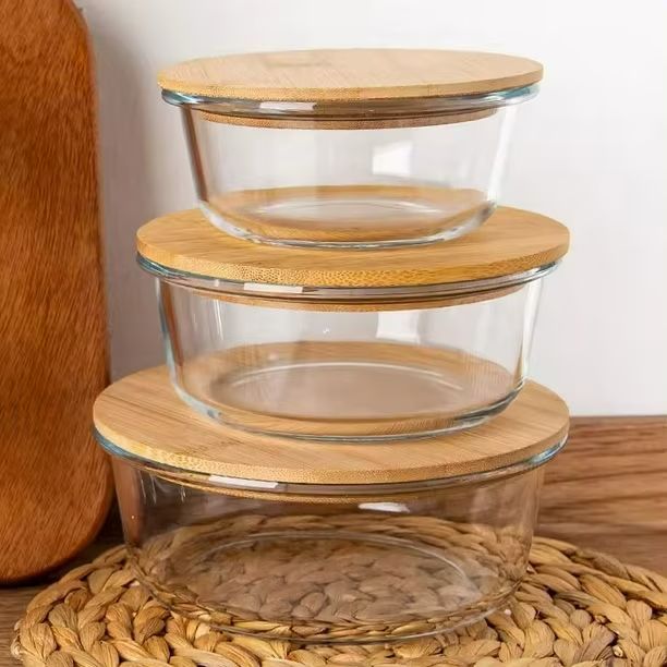 Set de envases de cristal tapa de madera