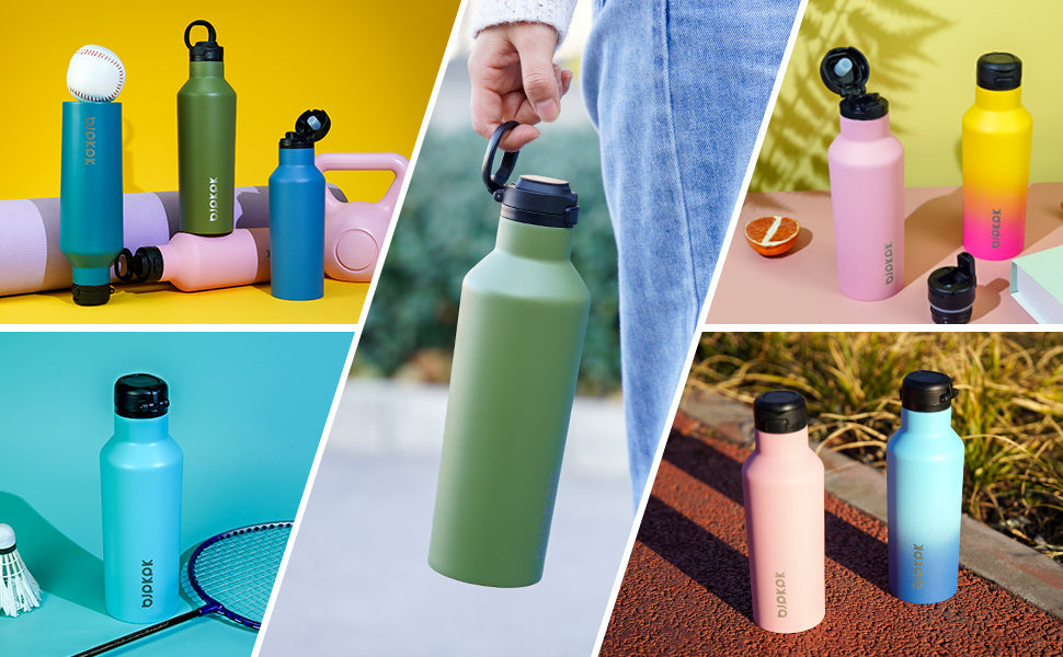 Botellas y vasos de metal y madera