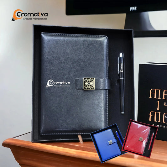 Kit de libreta en piel y lapicero en caja