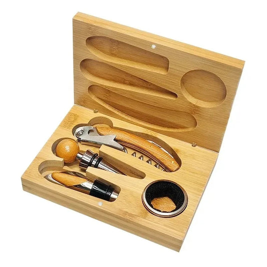 Kit de accesorios de vino en caja de madera